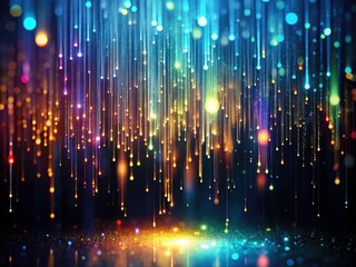 Glowing particles fall like neon rain in a dark, abstract digital scene; low-light photography enhances the ethereal glow.