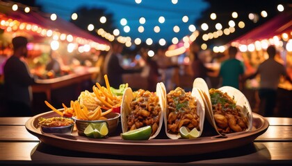Vibrant summer night market showcasing delicious taco delights for hungry food lovers