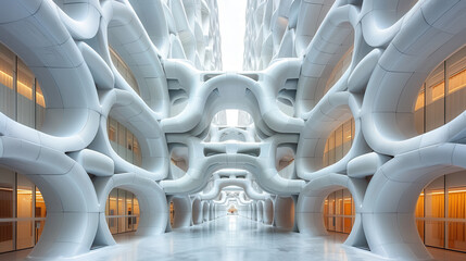 futuristic architectural design featuring smooth, white, organic shapes and spacious corridors. light filled space creates serene atmosphere