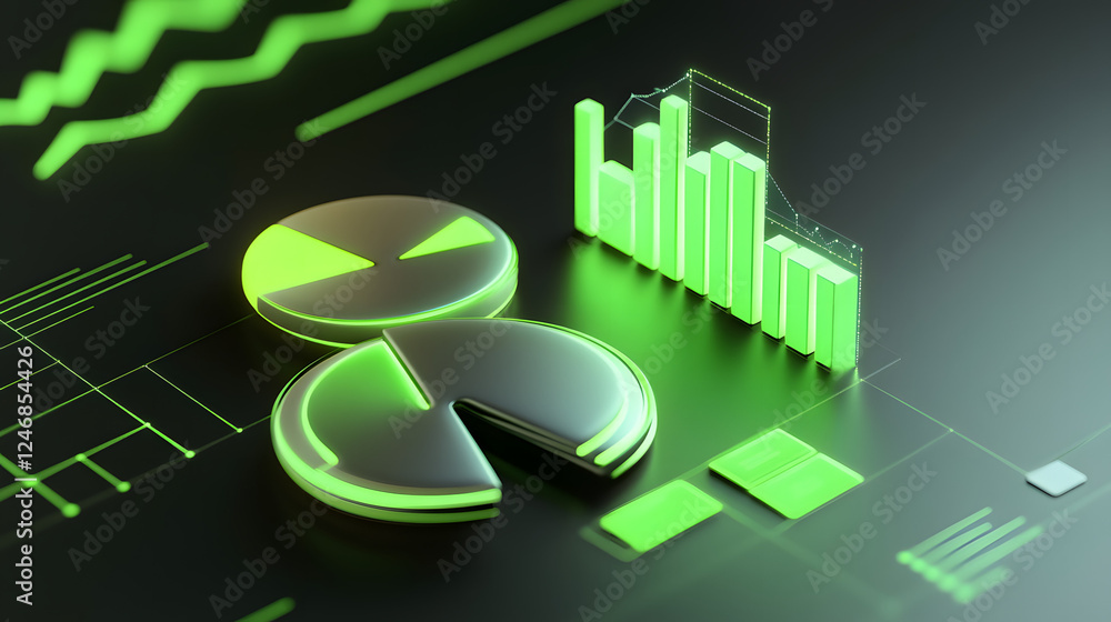 Poster cute isometric 3d image of 3d pie chart and bar chart in realistic metallic silver illuminated by ne