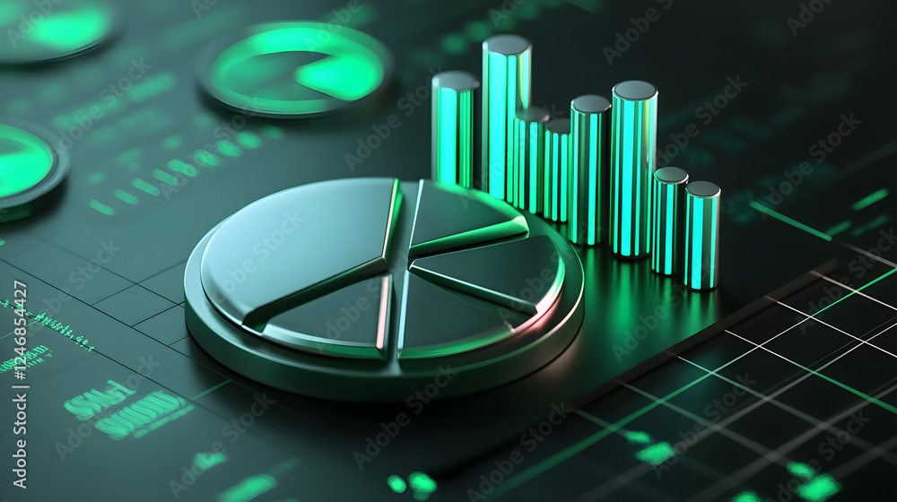 Poster cute isometric 3d image of 3d pie chart and bar chart in realistic metallic silver illuminated by ne