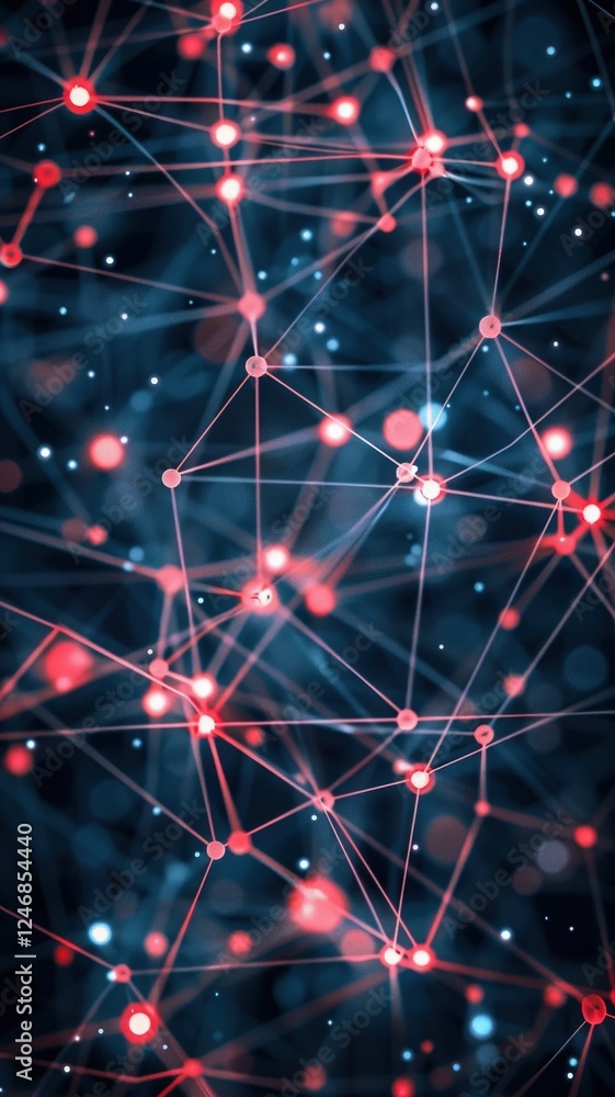 Poster a vibrant network of interconnected nodes and lines, featuring glowing red and blue elements against