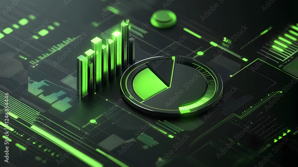 Poster Cute isometric 3D image of 3D pie chart and bar chart in realistic metallic silver illuminated by neon green. add floating, transparent charts and circular measurement tools. ensure perfect shapes an