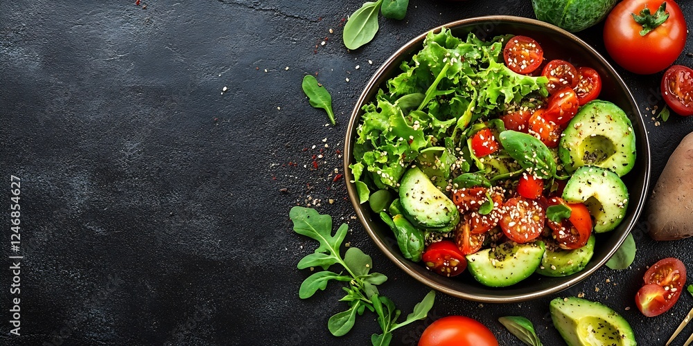 Poster fresh green salad with cherry tomatoes avocado and spinach on dark rustic background : generative ai