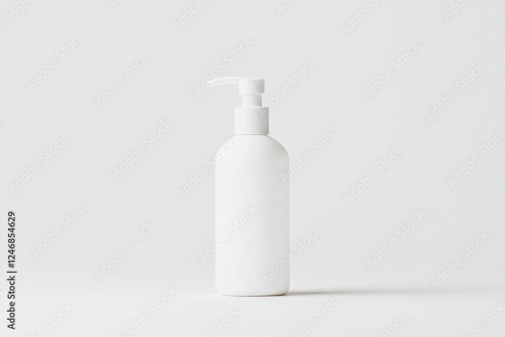 Poster professional mockup of lotion bottle with pump isolated on pristine white background with soft diffu
