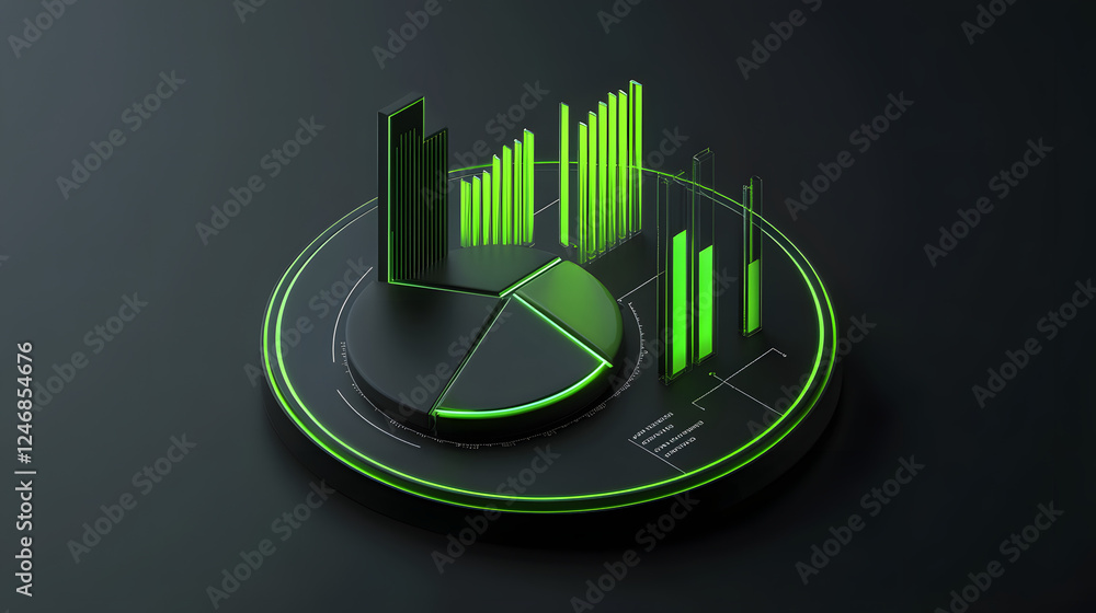 Poster cute isometric 3d image of 3d pie chart and bar chart in realistic metallic silver illuminated by ne