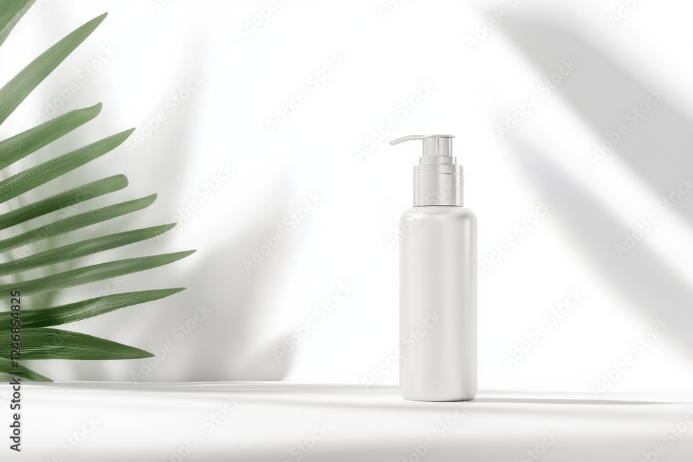 Poster professional mockup of lotion bottle with pump isolated on pristine white background with soft diffu