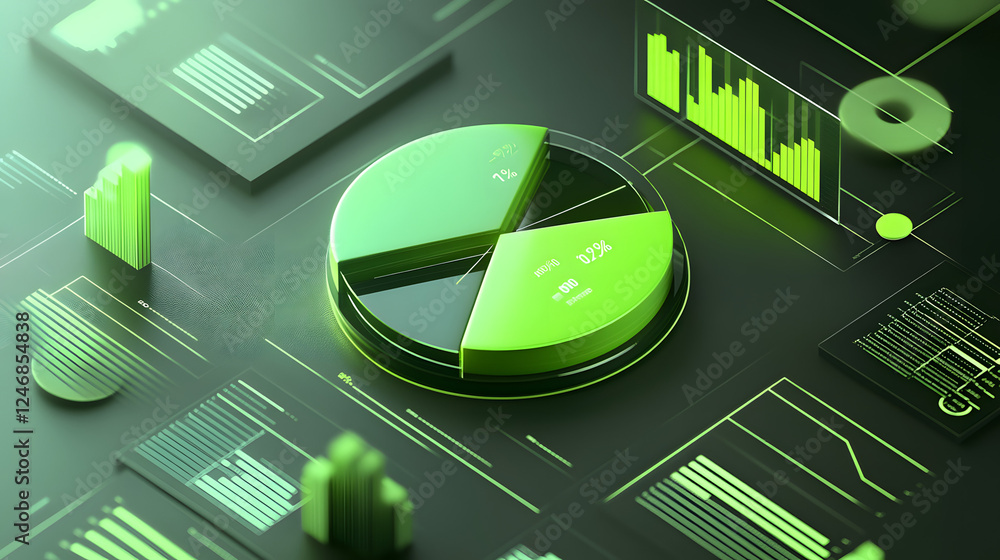 Poster cute isometric 3d image of 3d pie chart and bar chart in realistic metallic silver illuminated by ne