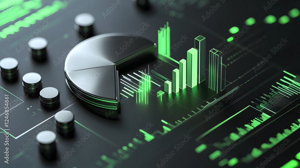 Poster cute isometric 3d image of 3d pie chart and bar chart in realistic metallic silver illuminated by ne