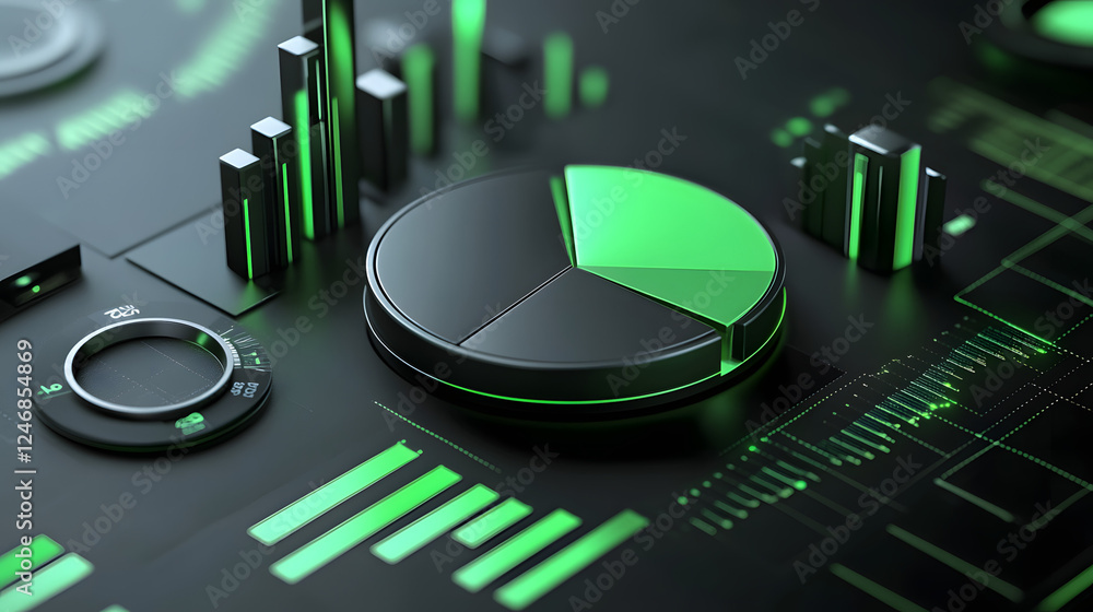 Poster cute isometric 3d image of 3d pie chart and bar chart in realistic metallic silver illuminated by ne
