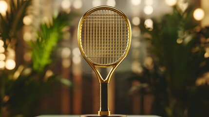 Golden padel racket trophy displayed elegantly in a vibrant setting during an awards ceremony