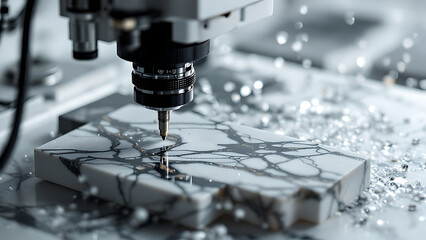 Marble machine with precision, showcasing intricate craftsmanship against a fluid background.