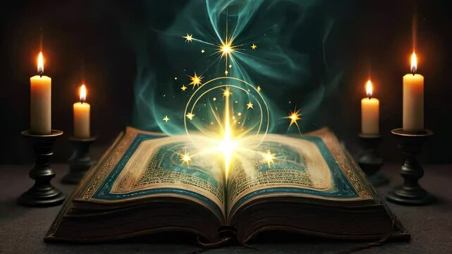 Magical Spell Book with Glowing Light and Candles. Fantasy, Magic, and Mystical Rituals. 4K Video Footage, Seamless Animation, and Mystical Background.