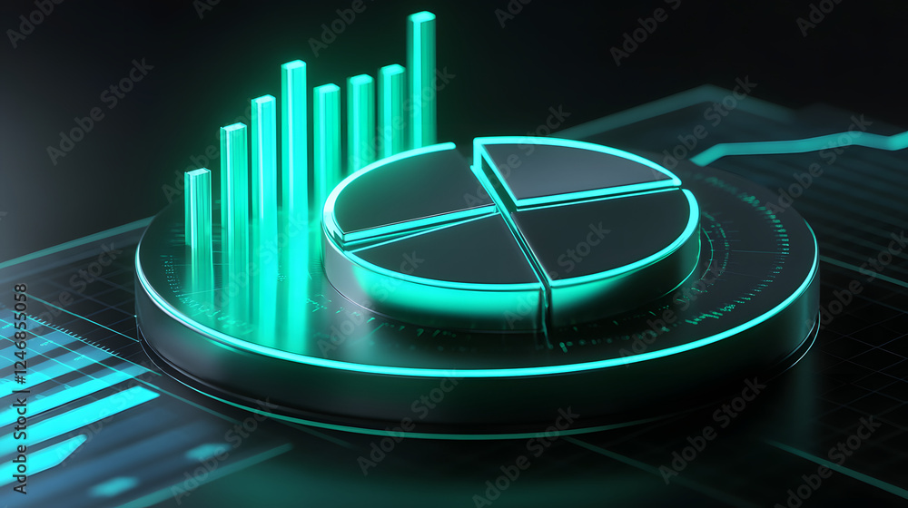 Poster cute isometric 3d image of 3d pie chart and bar chart in realistic metallic silver illuminated by ne