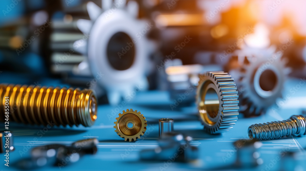Poster close up of various mechanical gears and components on blue surface, showcasing intricate details an
