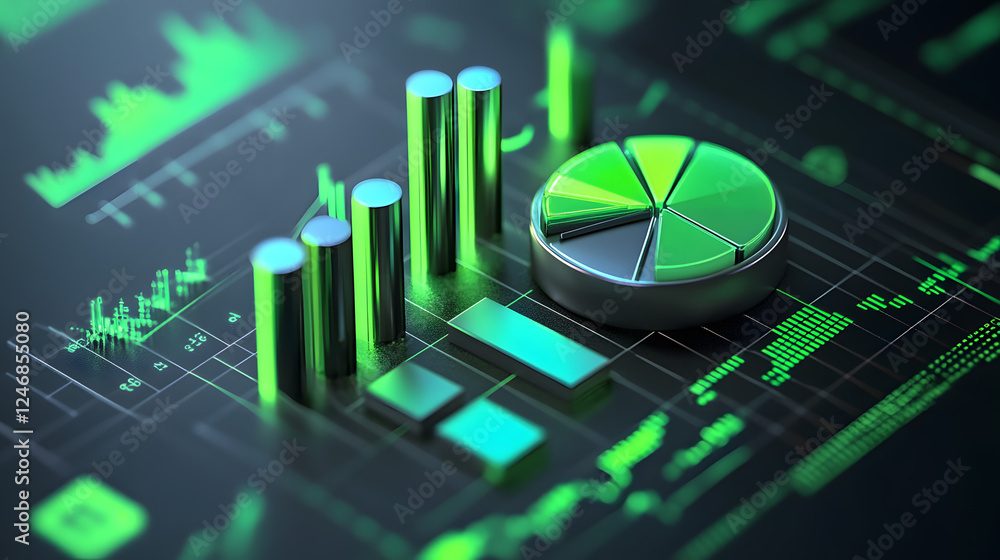 Poster cute isometric 3d image of 3d pie chart and bar chart in realistic metallic silver illuminated by ne