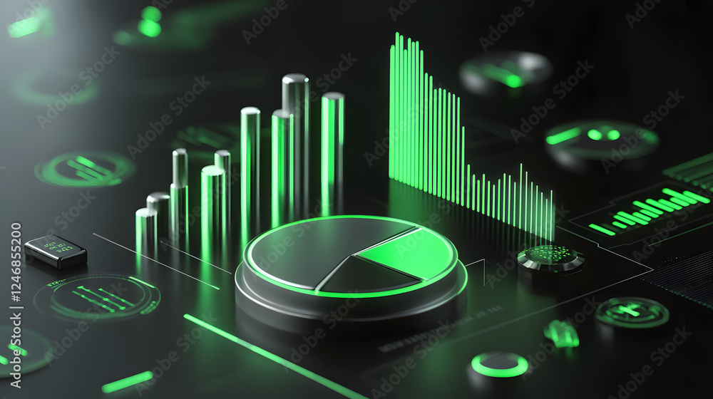 Poster cute isometric 3d image of 3d pie chart and bar chart in realistic metallic silver illuminated by ne