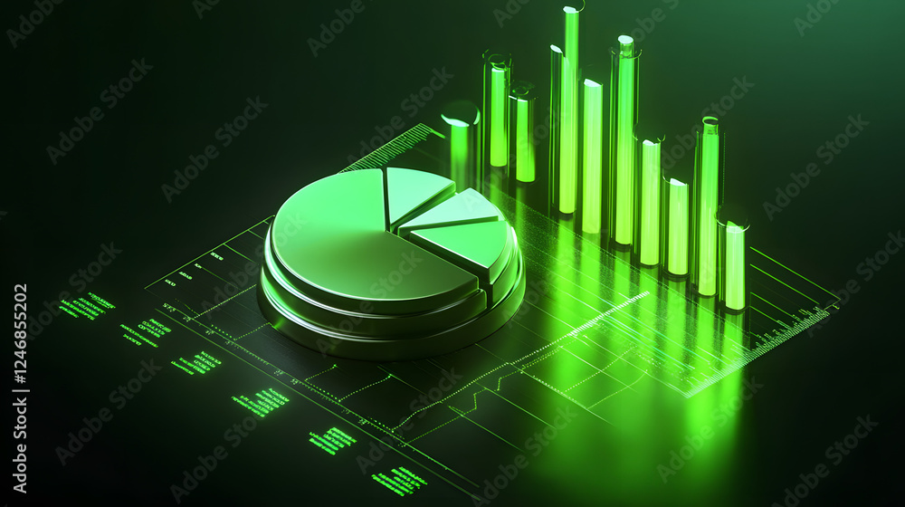 Poster cute isometric 3d image of 3d pie chart and bar chart in realistic metallic silver illuminated by ne