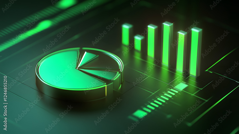 Poster cute isometric 3d image of 3d pie chart and bar chart in realistic metallic silver illuminated by ne