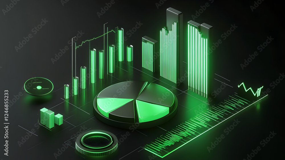 Poster cute isometric 3d image of 3d pie chart and bar chart in realistic metallic silver illuminated by ne
