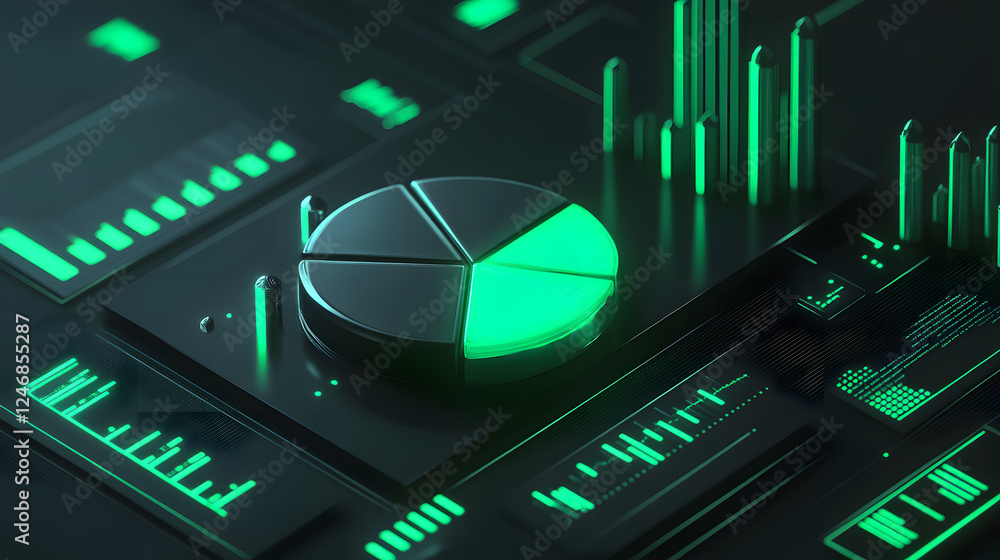 Poster cute isometric 3d image of 3d pie chart and bar chart in realistic metallic silver illuminated by ne