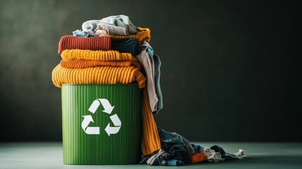 Green trash can filled with assorted clothes and fabric items in a residential setting