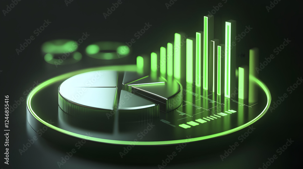 Poster cute isometric 3d image of 3d pie chart and bar chart in realistic metallic silver illuminated by ne