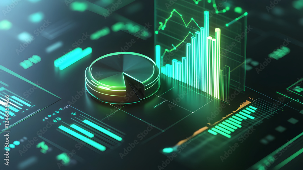 Poster cute isometric 3d image of 3d pie chart and bar chart in realistic metallic silver illuminated by ne
