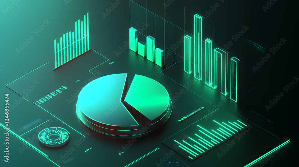 Poster cute isometric 3d image of 3d pie chart and bar chart in realistic metallic silver illuminated by ne