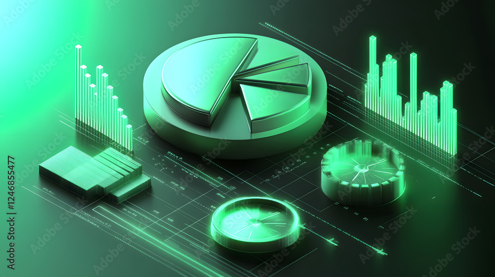 Poster cute isometric 3d image of 3d pie chart and bar chart in realistic metallic silver illuminated by ne
