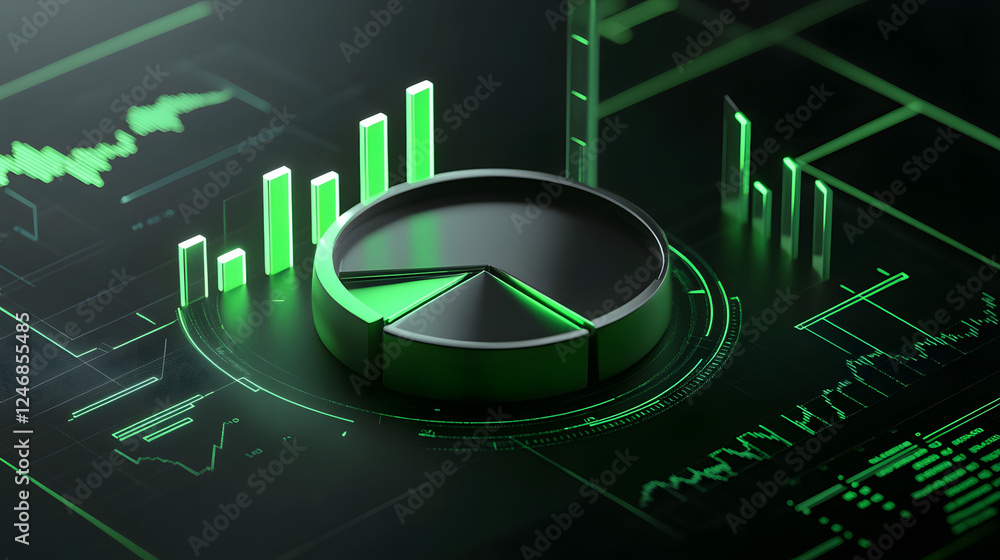 Poster cute isometric 3d image of 3d pie chart and bar chart in realistic metallic silver illuminated by ne