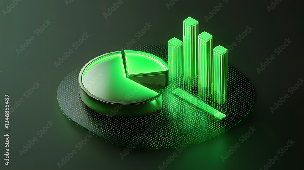 Poster cute isometric 3d image of 3d pie chart and bar chart in realistic metallic silver illuminated by ne