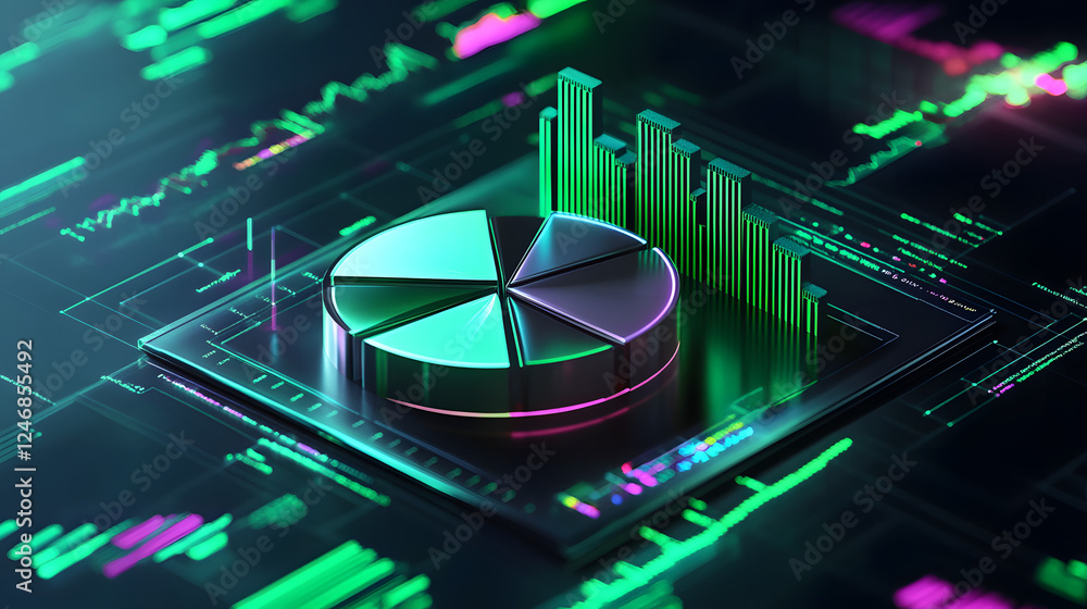 Poster cute isometric 3d image of 3d pie chart and bar chart in realistic metallic silver illuminated by ne