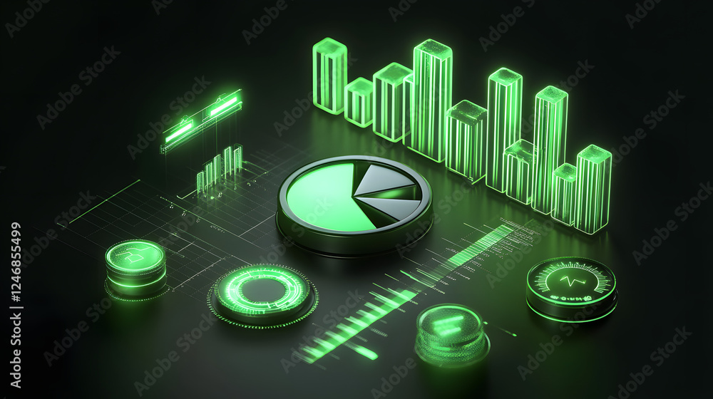 Poster cute isometric 3d image of 3d pie chart and bar chart in realistic metallic silver illuminated by ne