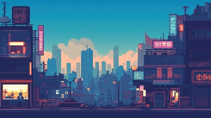Pixel art cityscape at dusk with neon signs, buildings, and distant skyscrapers