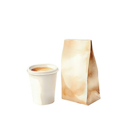 A watercolor illustration depicts a disposable coffee cup and a paper bag, suggesting a simple takeaway coffee order.