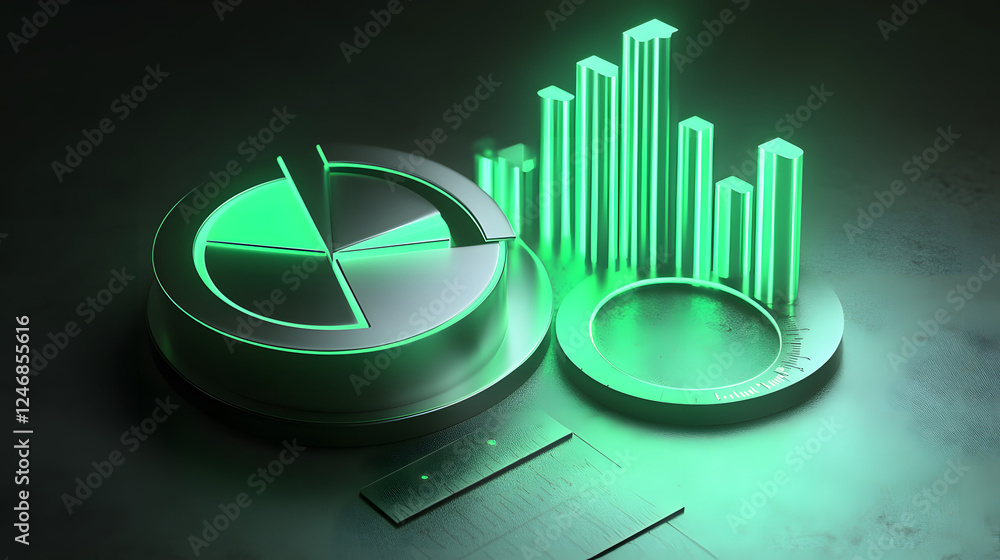 Poster cute isometric 3d image of 3d pie chart and bar chart in realistic metallic silver illuminated by ne