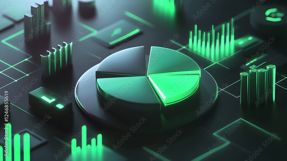 Poster cute isometric 3d image of 3d pie chart and bar chart in realistic metallic silver illuminated by ne