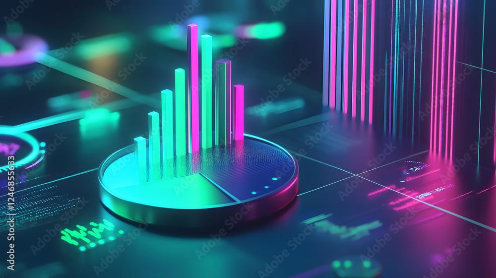 Poster cute isometric 3d image of 3d pie chart and bar chart in realistic metallic silver illuminated by ne