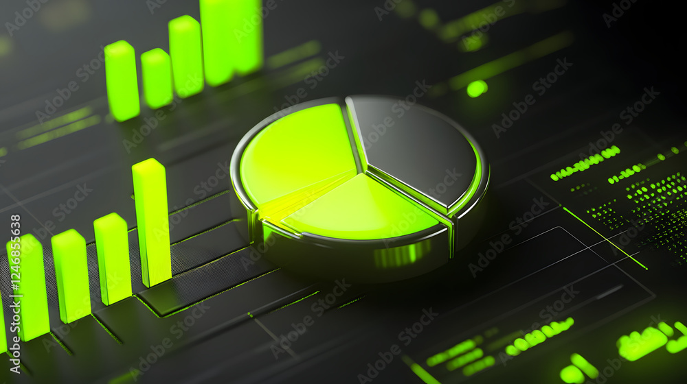 Poster cute isometric 3d image of 3d pie chart and bar chart in realistic metallic silver illuminated by ne