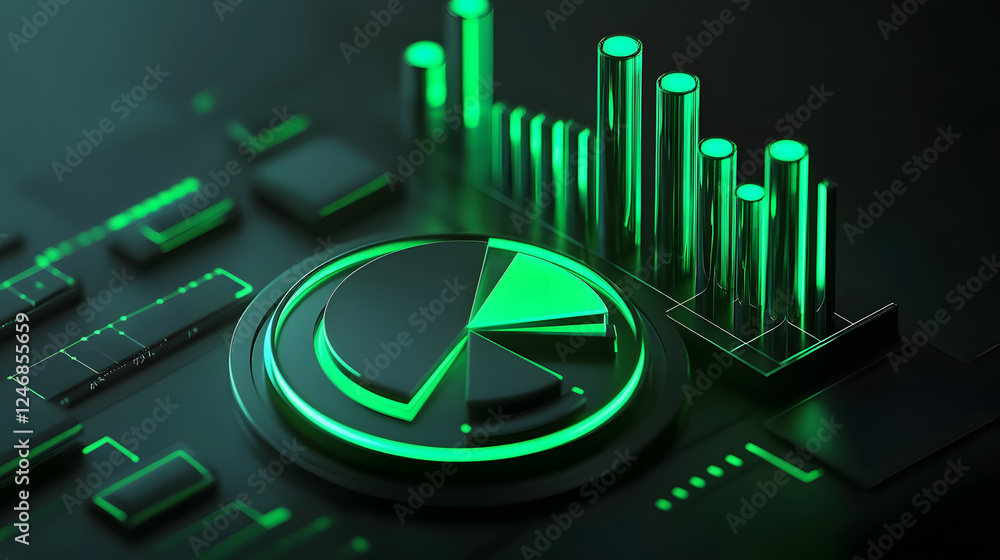 Poster cute isometric 3d image of 3d pie chart and bar chart in realistic metallic silver illuminated by ne
