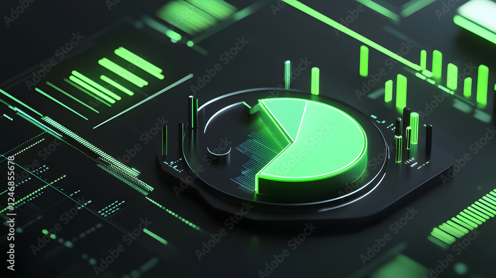 Poster Cute isometric 3D image of 3D pie chart and bar chart in realistic metallic silver illuminated by neon green. add floating, transparent charts and circular measurement tools. ensure perfect shapes an
