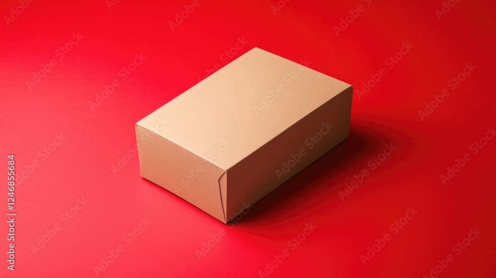 Poster rectangular kraft paper box mockup placed on bold red solid background with even lighting and genero