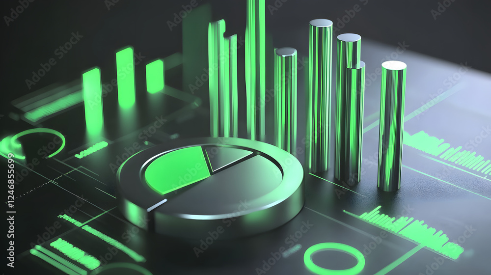 Poster cute isometric 3d image of 3d pie chart and bar chart in realistic metallic silver illuminated by ne