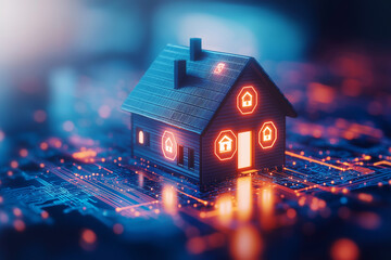 digital house model with glowing security icons on circuit board background, symbolizing modern home security and technology integration