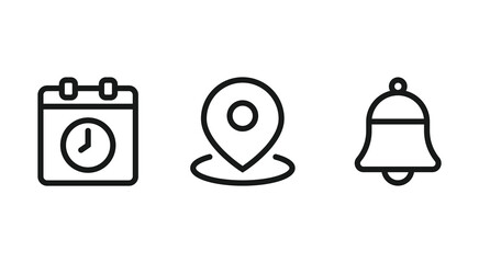 Schedule linear icons. Time, location and bell icon