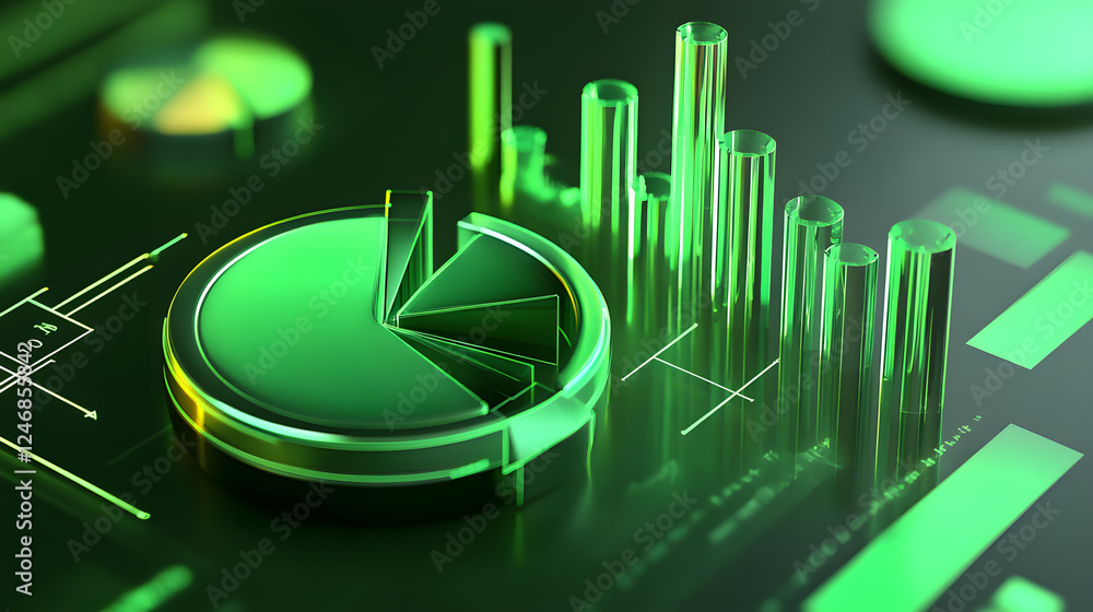 Poster cute isometric 3d image of 3d pie chart and bar chart in realistic metallic silver illuminated by ne