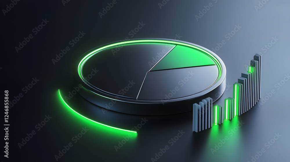 Poster Cute isometric 3D image of 3D pie chart and bar chart in realistic metallic silver illuminated by neon green. add floating, transparent charts and circular measurement tools. ensure perfect shapes an