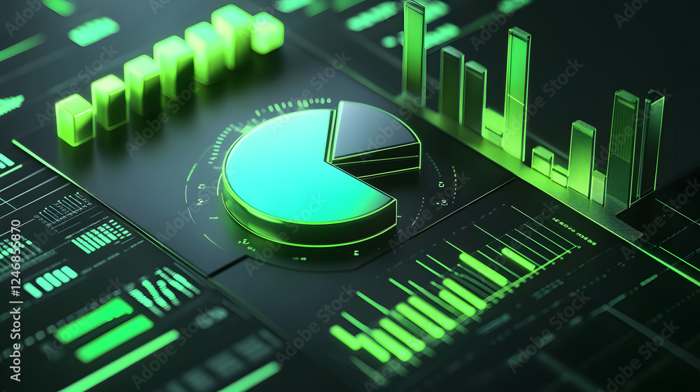 Poster cute isometric 3d image of 3d pie chart and bar chart in realistic metallic silver illuminated by ne