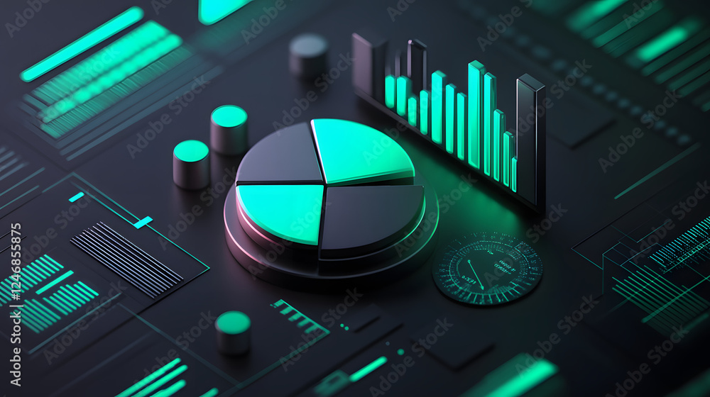 Poster cute isometric 3d image of 3d pie chart and bar chart in realistic metallic silver illuminated by ne